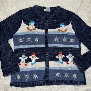 Womens White Stag Vintage Ugly Christmas Sweater / Cardigan Snowmen Medium